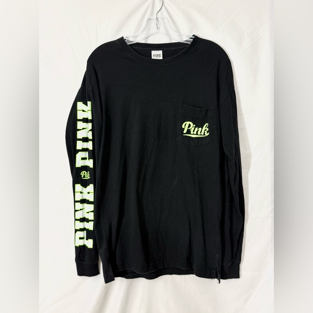 PINK Victoria’s Secret Black|Green Long Sleeve Campus Crew Neck T-Shirt Size XS